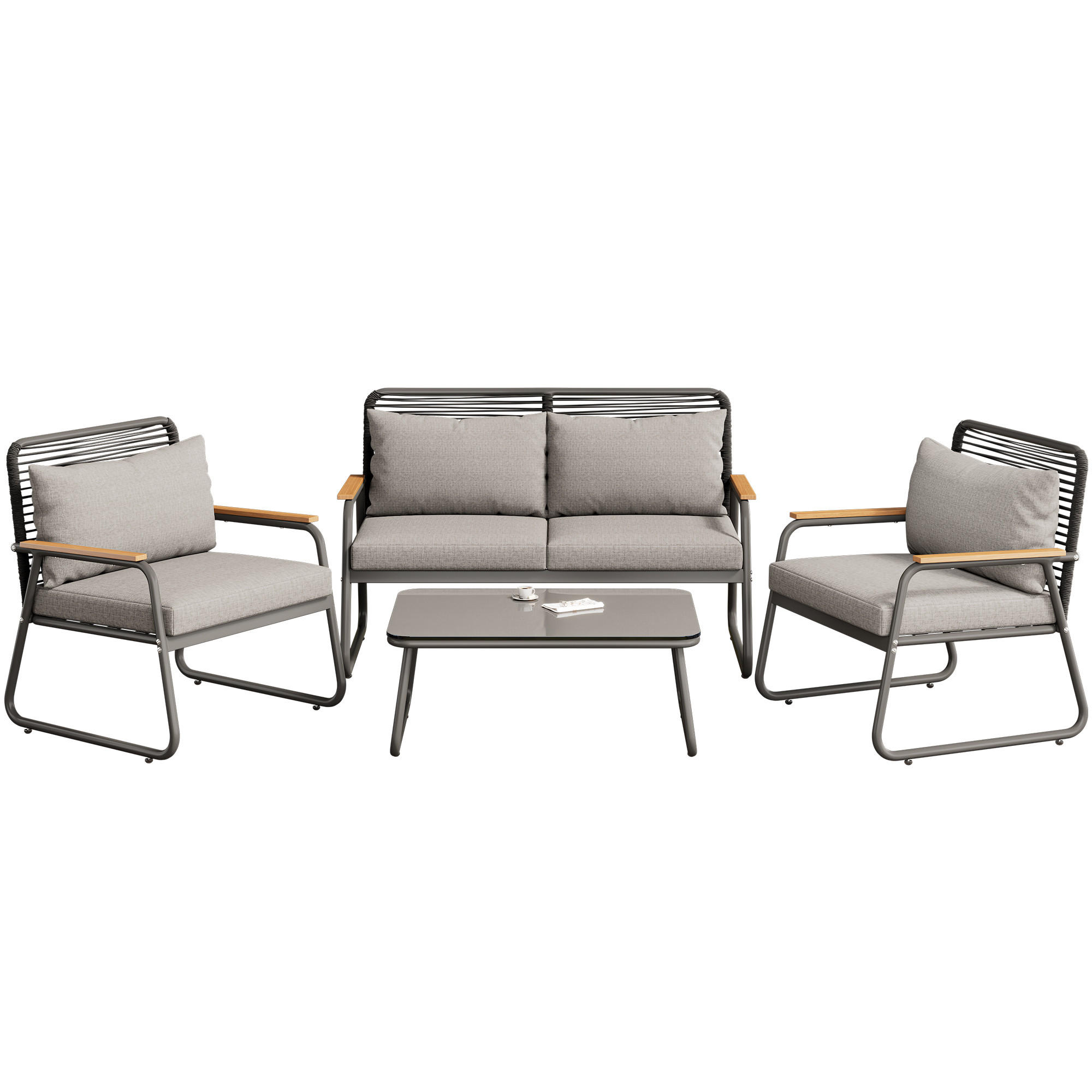 GARTEN Lounge Set für 4 Personen mit Eisenrahmen Glastisch verstellbaren Beinen Sitz und Rückenkissen Grau - Grau, Metall - FLIEKS