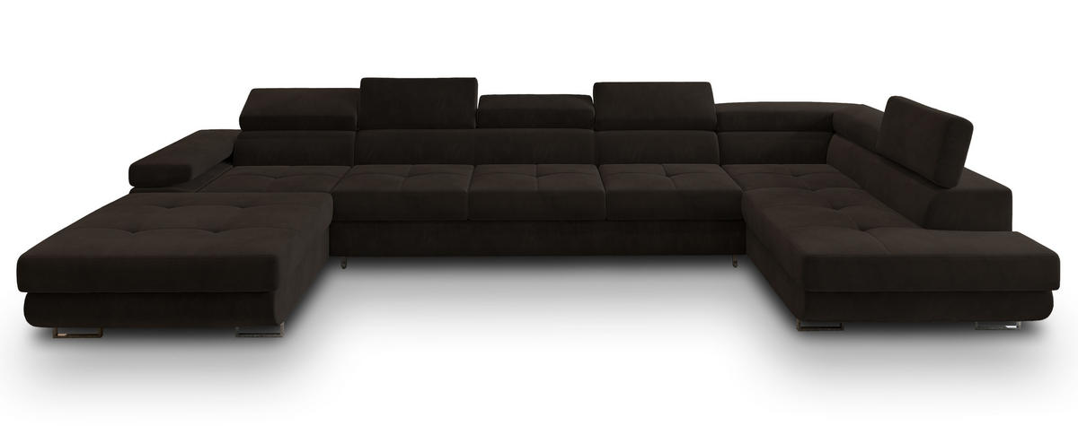 WOHNLANDSCHAFT TORIVA R-S Braun Velours-Stoff mit Schlaffunktion - Braun, Holz (418/90/202cm) - MASSENO