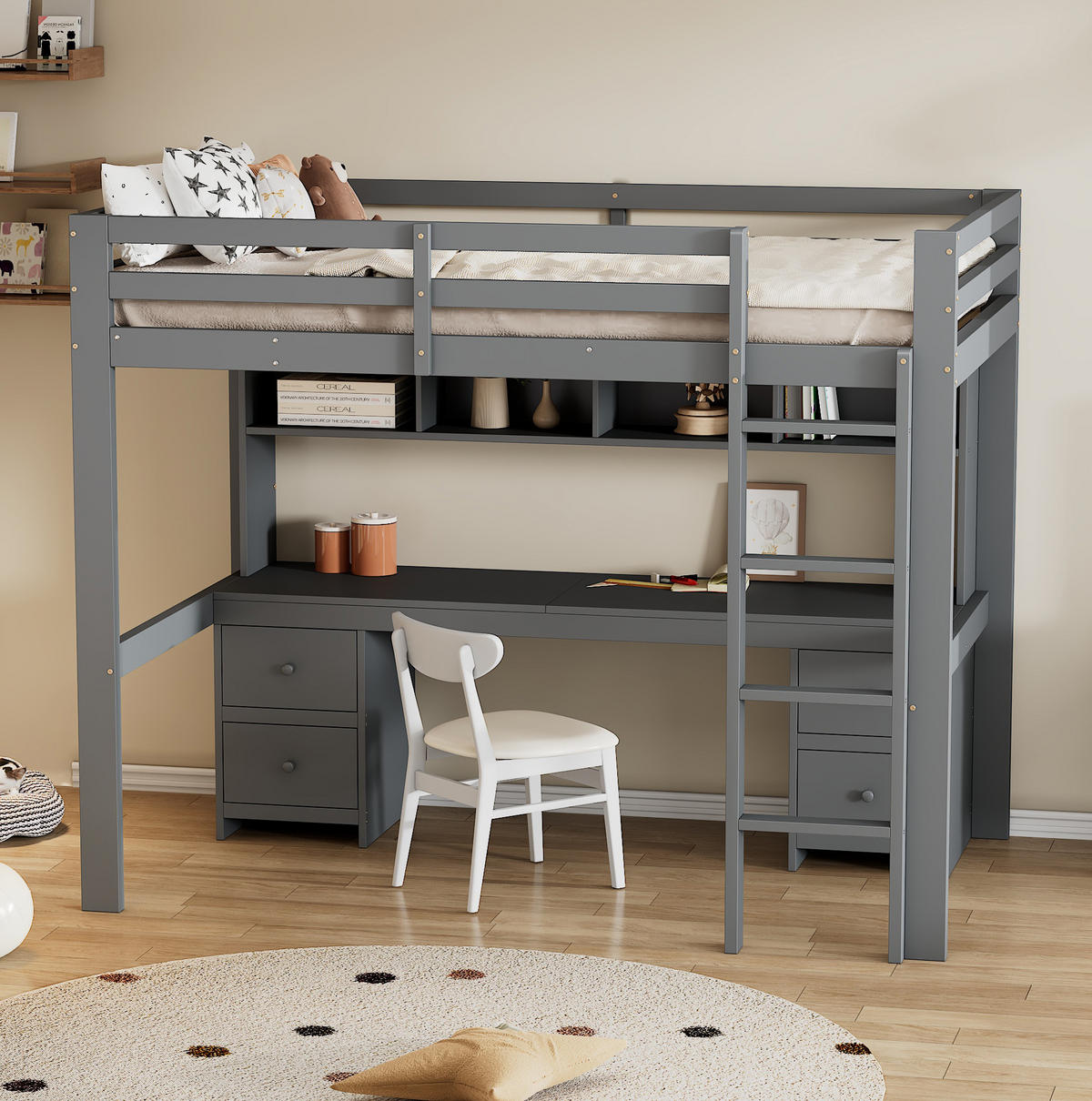 HOCHBETT aus Kiefernholz und MDF 90x200 cm Grau mit Schreibtisch, 4 Schubladen und Ablagefächern - Grau, Holz (90/200cm) - IVMEU