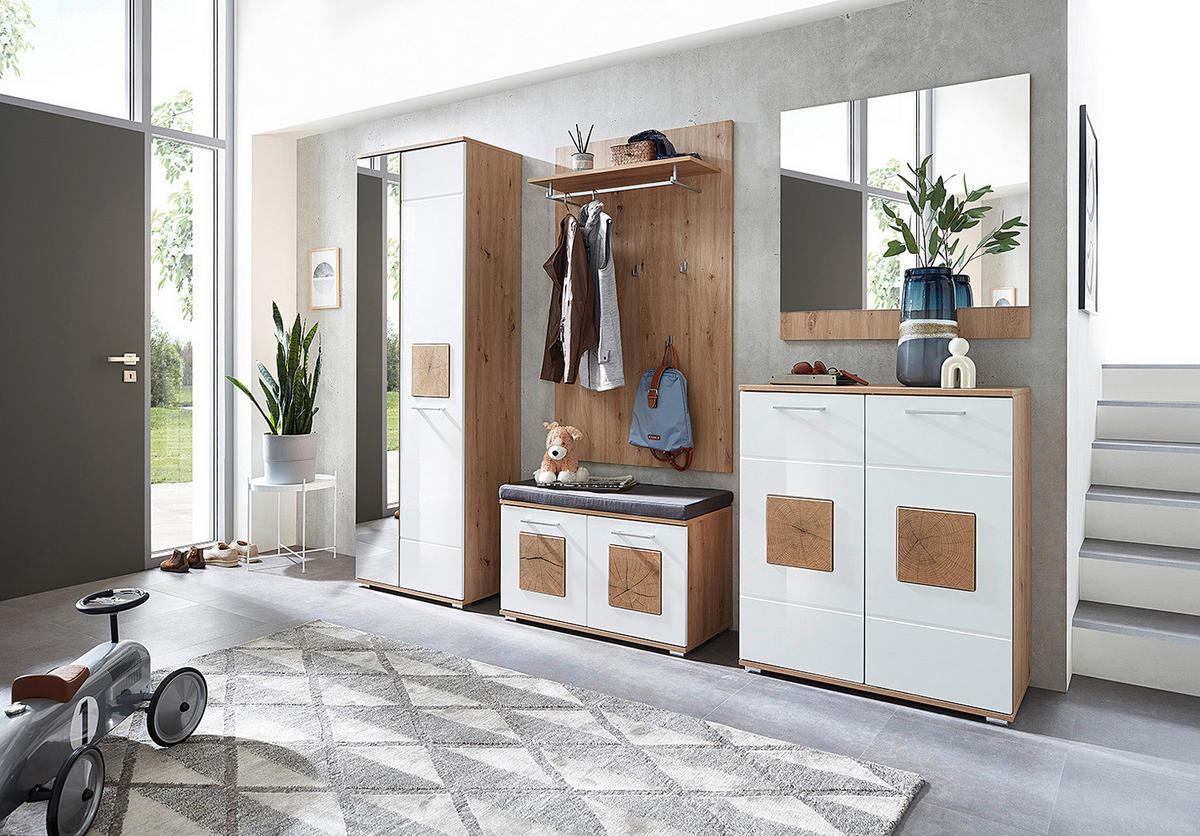 SCHUHKOMMODE - Weiß Hochglanz/Silberfarben, Holzwerkstoff/Kunststoff (84/95/38cm) - home24