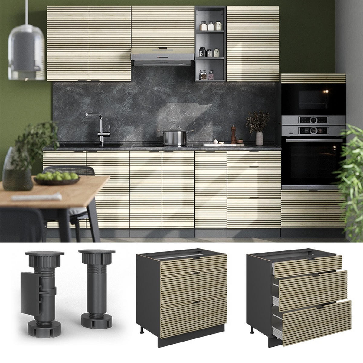 KÜCHENUNTERSCHRANK Fame-Line Eiche Paneel 80 cm mit 3 Schubladen, AP Marmor - Eichefarben/Anthrazit, Holzwerkstoff (80/82/60cm) - Vicco