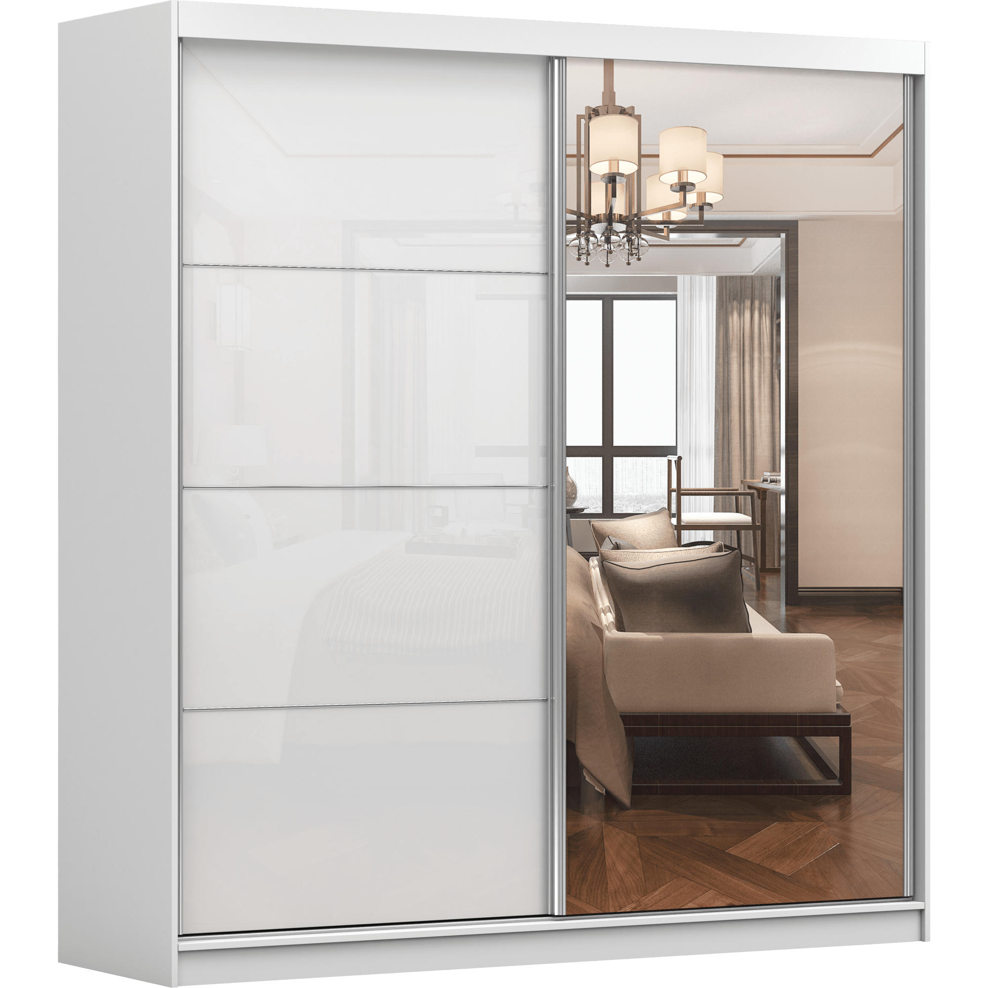 SCHWEBETÜRENSCHRANK MULTI 35 Weiß/Weiß Semigloss + Spiegel - ohne LED Beleuchtung 203 cm - Alufarben/Weiß, Glas/Holzwerkstoff (203/218/61cm) - imoebel24