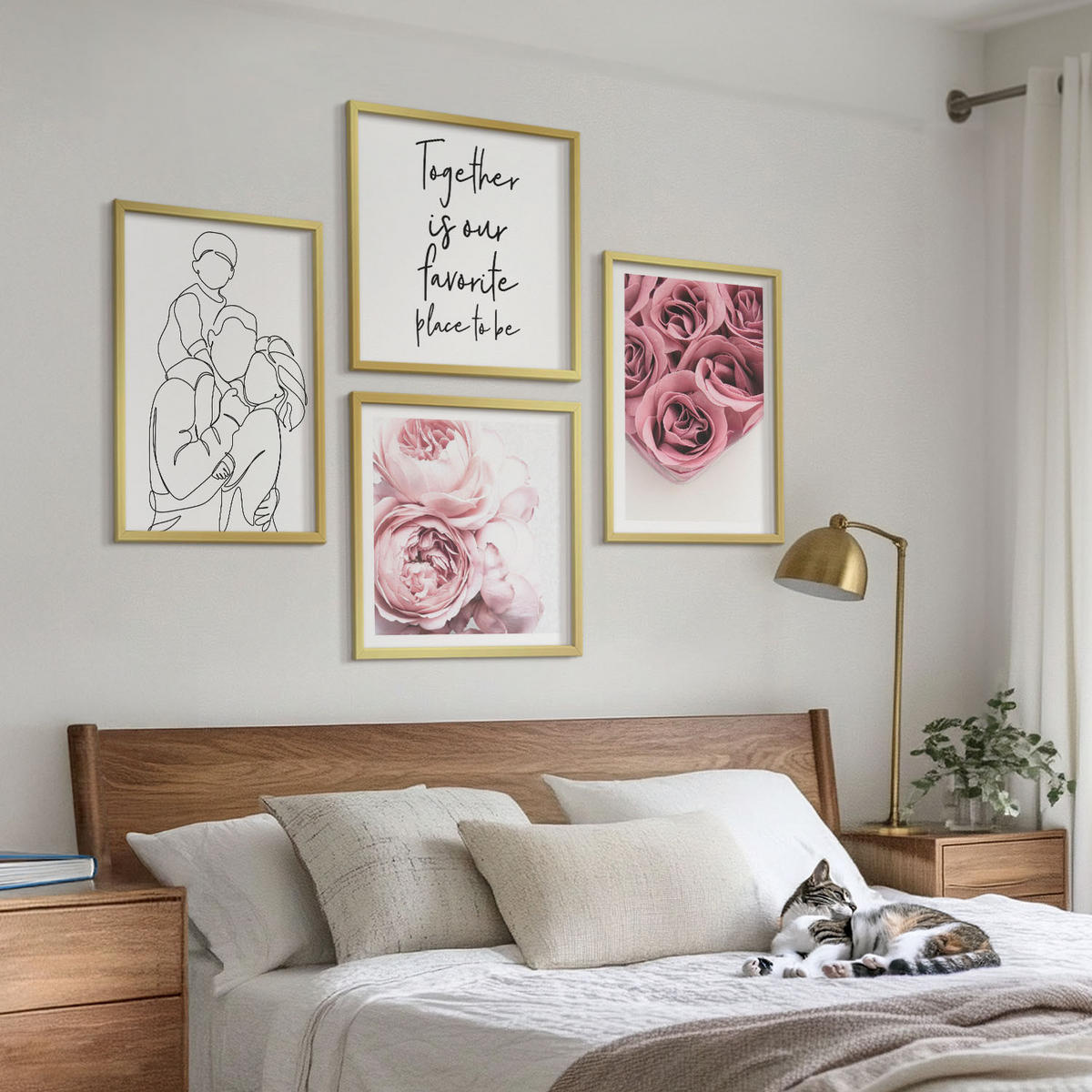 BILDER SET 4er Set - 50x50 cm & 40x60 cm Goldrahmen - Rosensträuße als Familienzeichnung - Goldfarben, Kunststoff (50/50cm) - TULUP