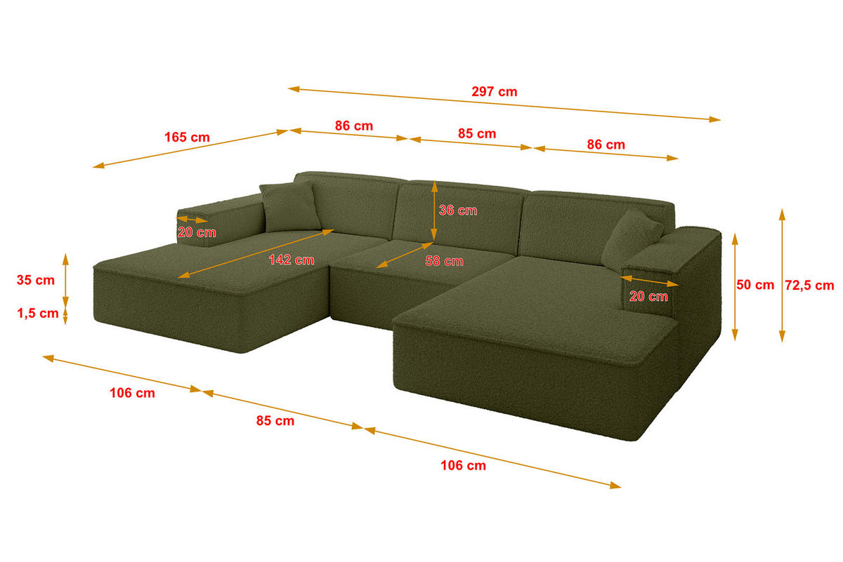 WOHNLANDSCHAFT IREA-U1-v4 - 297x165x72,5 cm Grün - Grün, Holzwerkstoff/Textil (297/72/165cm) - ALTDECOR