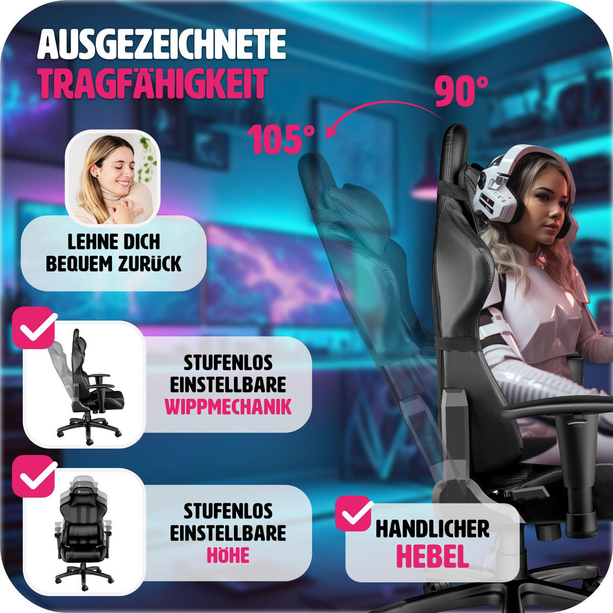 RACING GAMING STUHL ,Belastbarkeit 120 kg,schwarz - Schwarz, Leder (70/135.5/75cm) - tectake