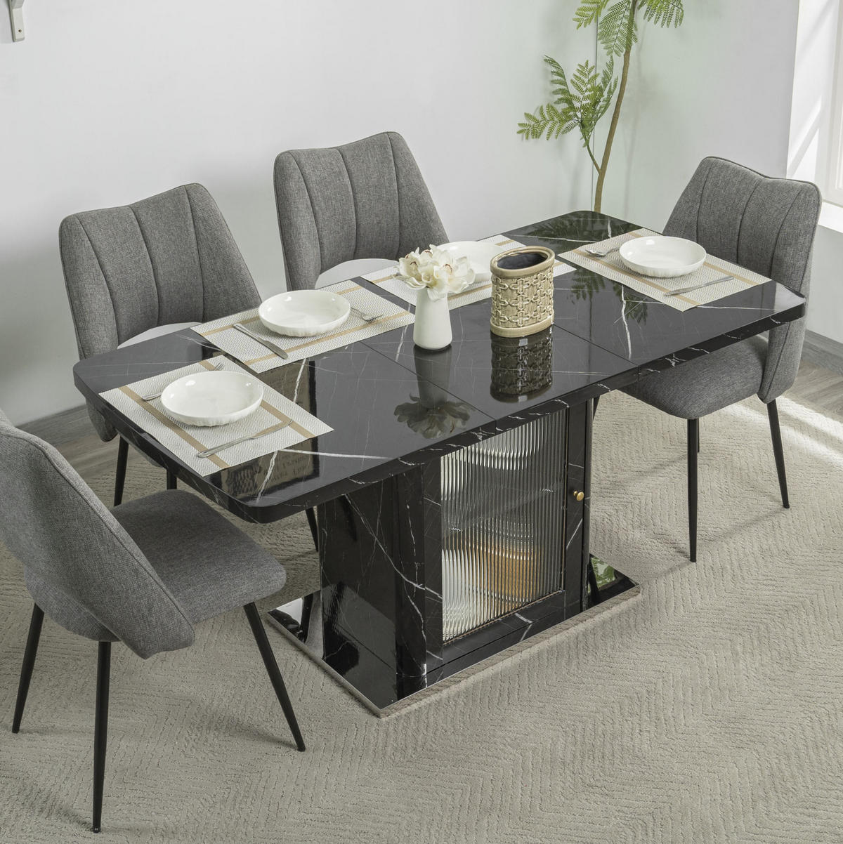 ESSTISCH 120-160/80/76 cm aus MDF und Stahl, ausziehbar mit Stauraum und Glastüren, Schwarz - Schwarz, Glas (160/80/76cm) - Redom