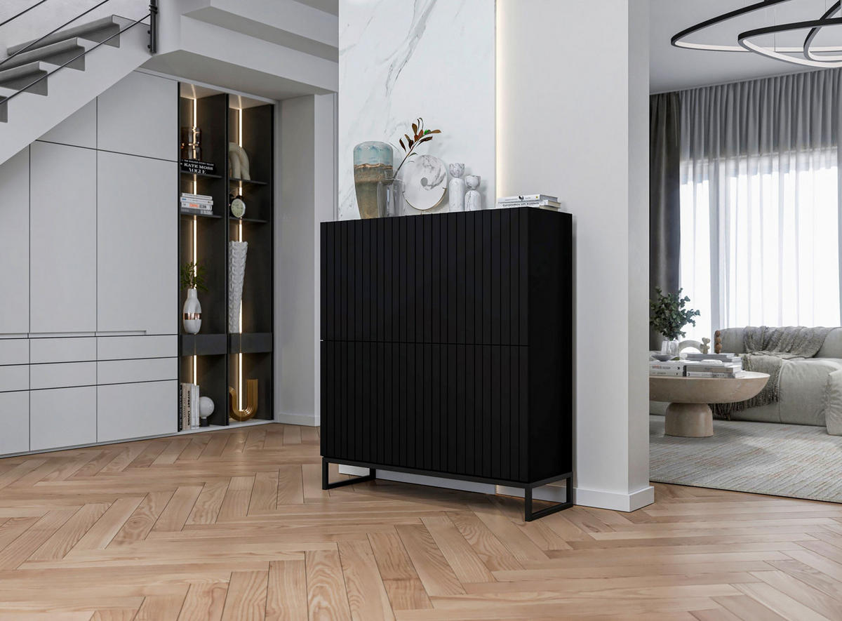 KOMMODE Elpis 4D Schwarz Matt mit metallrahmen Glamour 112 cm - Schwarz, Holzwerkstoff/Metall (112/126/36.5cm) - Meble Lindner