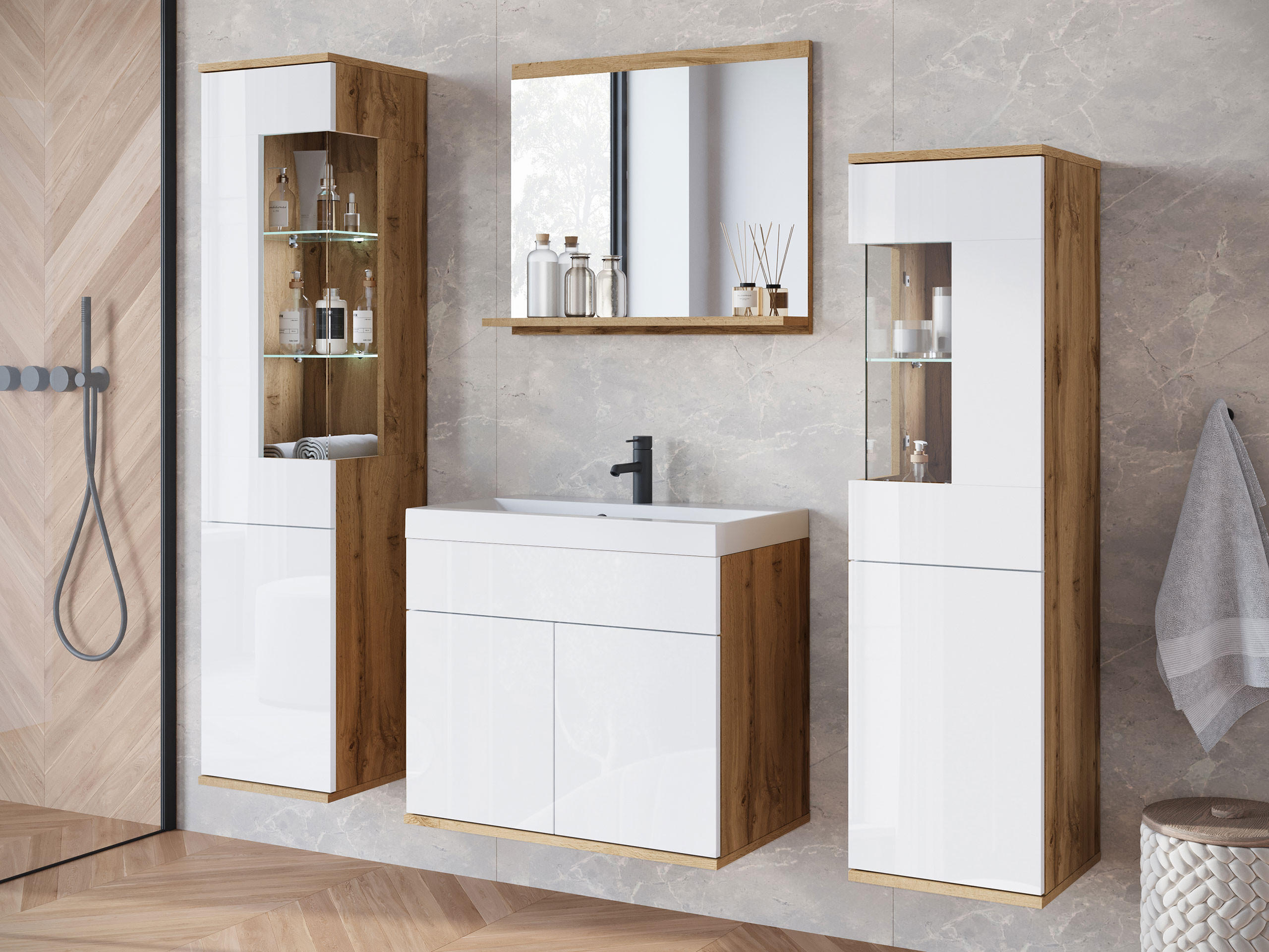 BADMÖBEL-SET Nairobi mit weißer LED Beleuchtung - Weiß Hochglanz/Eiche Wotan, Holzwerkstoff (31/133/31cm) - MIRJAN24