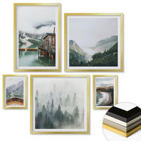 WANDBILDER 5er Set - 50x50 cm & 20x30 cm & 40x60 cm Goldrahmen - Berge, See, Boot, Nebel, Strand - Goldfarben, Kunststoff (40/60cm) - ArtPrintCave