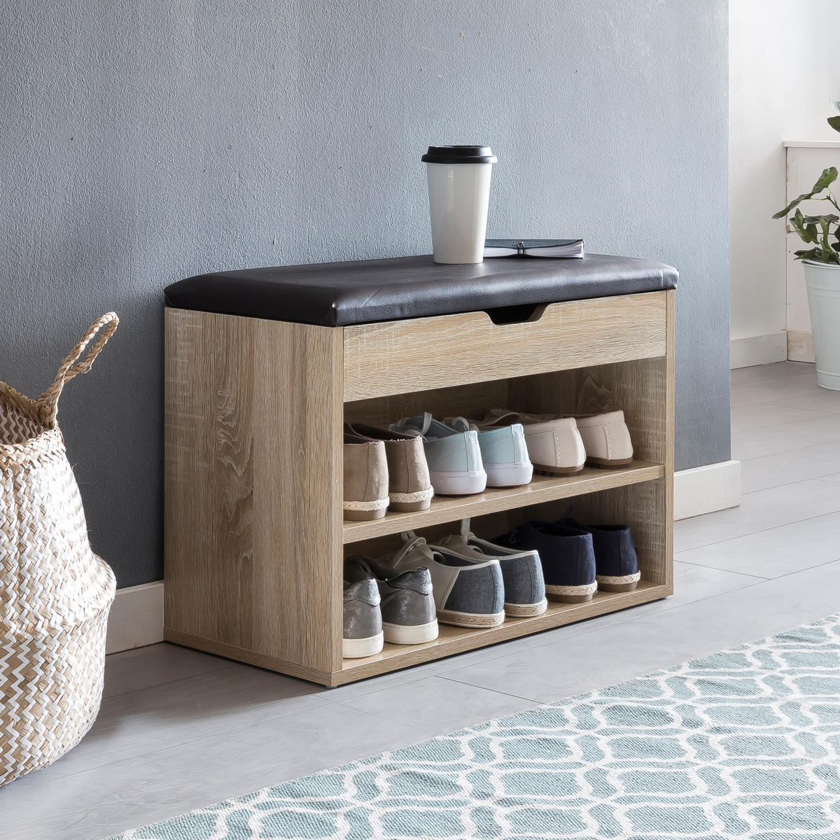 SCHUHBANK gepolstert mit Stauraum, Beige 60x30x40 cm - Beige/Schwarz, Holz/Textil (60/40/30cm) - KADIMA DESIGN