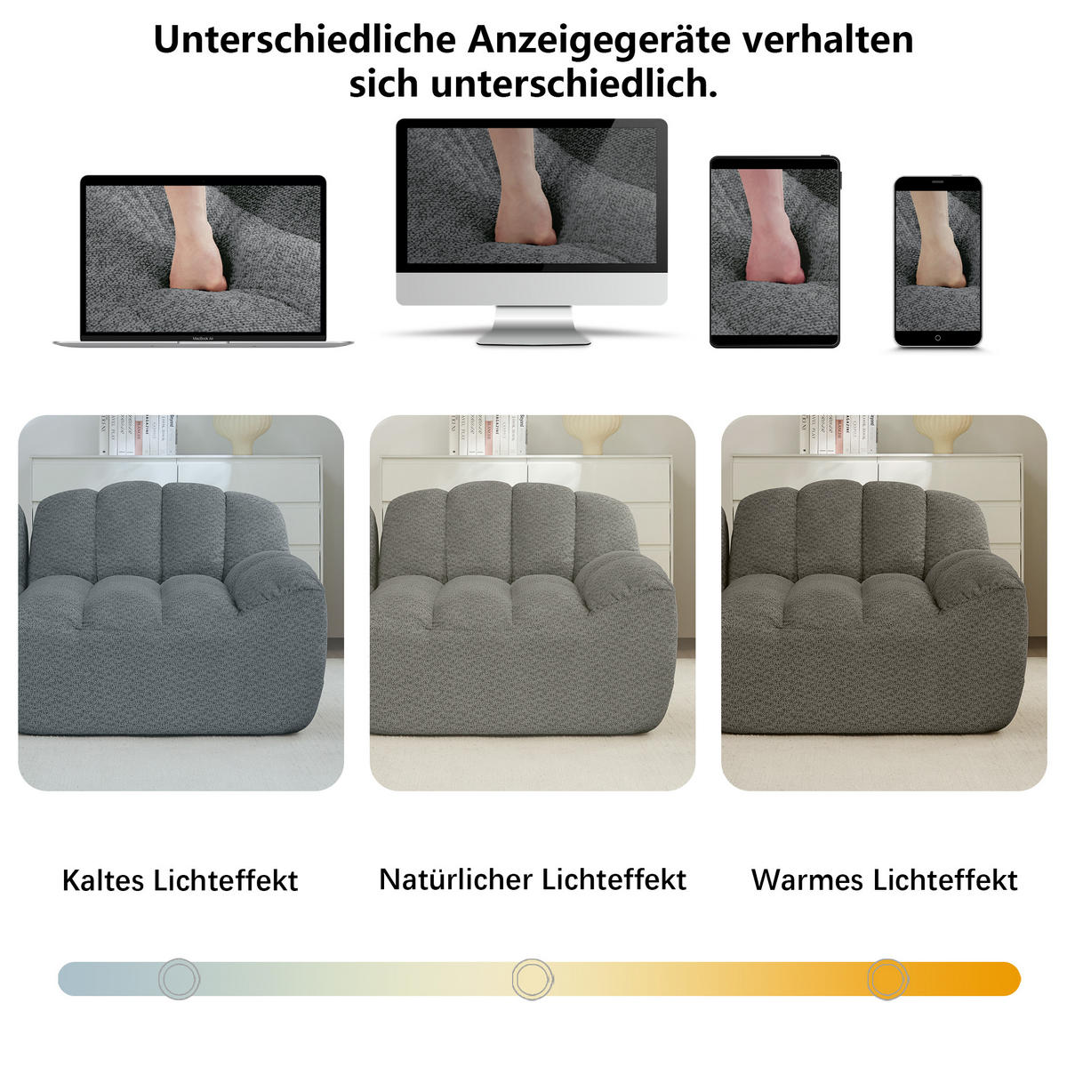 4-SITZER Sofa 366x165x79 cm aus granuliertem Fleece rahmenlos modular mit Ottoman, grau - Grau, Textil (165/79/366cm)