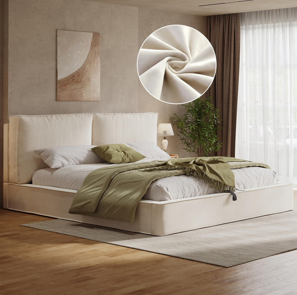 POLSTERBETT 180/200 cm mit Lattenrost und hydraulischem Bettkasten, Samt, Beige - Beige, Textil (180/200cm) - Redom