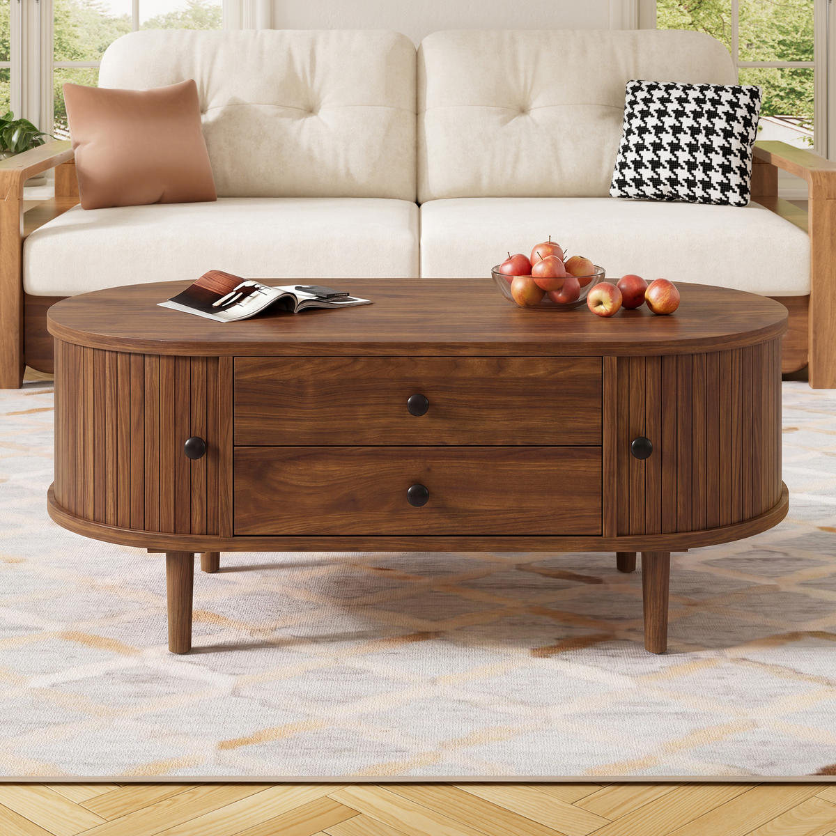 COUCHTISCH in Holzoptik Ovaler Wohnzimmertisch mit Schiebetüren und 2 Schubladen, 100 B / 50 T / 40 H(cm) - Dunkelbraun, Holzwerkstoff (50/100/40cm) - STILVORA
