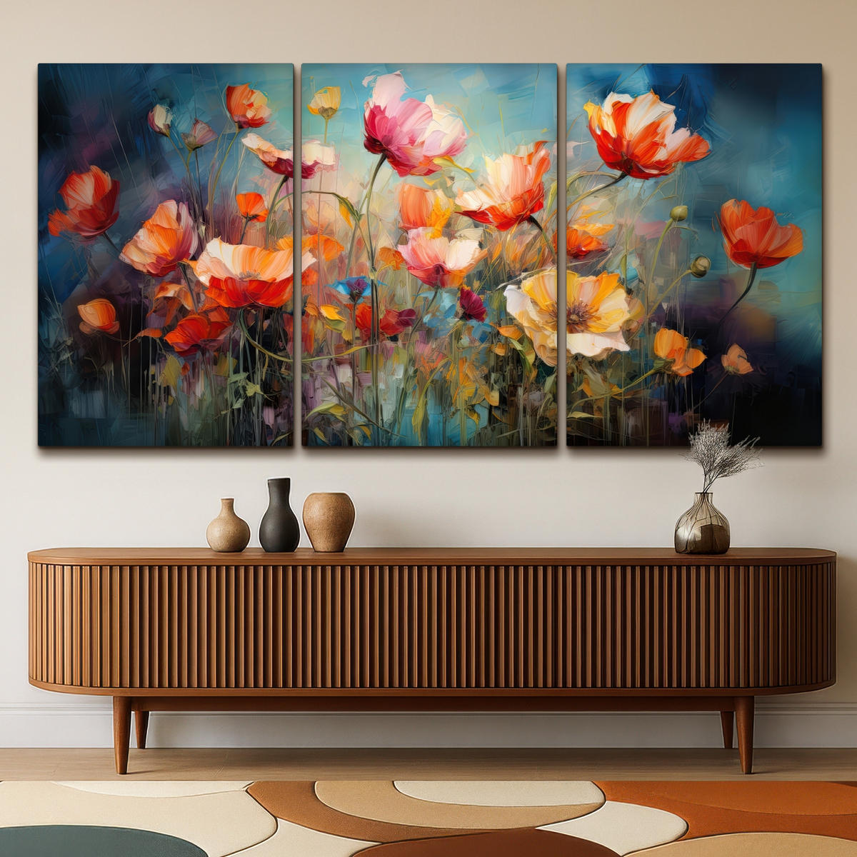 LEINWANDBILD 3er Set Blumen - Bunt - Abstrakt 240x120 cm - Blaugrau, Textil (240/120cm) - MuchoWow