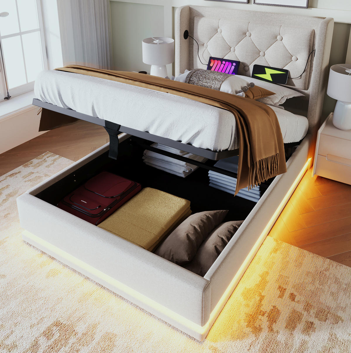 POLSTERBETT mit Stauraum LED USB/Typ-C 90x200 cm Baumwolle Beige - Beige, Metall (90/200cm) - Meubliv