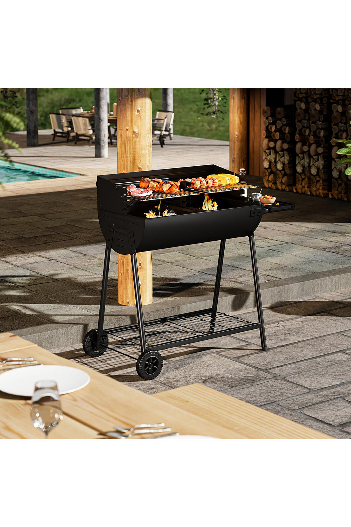 HOLZKOHLEGRILL Carbonstahl mit Rollen aus Kohlenstoffstahl in Schwarz langlebig & hitzebeständig pulverbeschichtet mobil 107,5 x54,5 x93 cm 15 kg - Schwarz, Metall (54/93/107cm) - Livingandhome