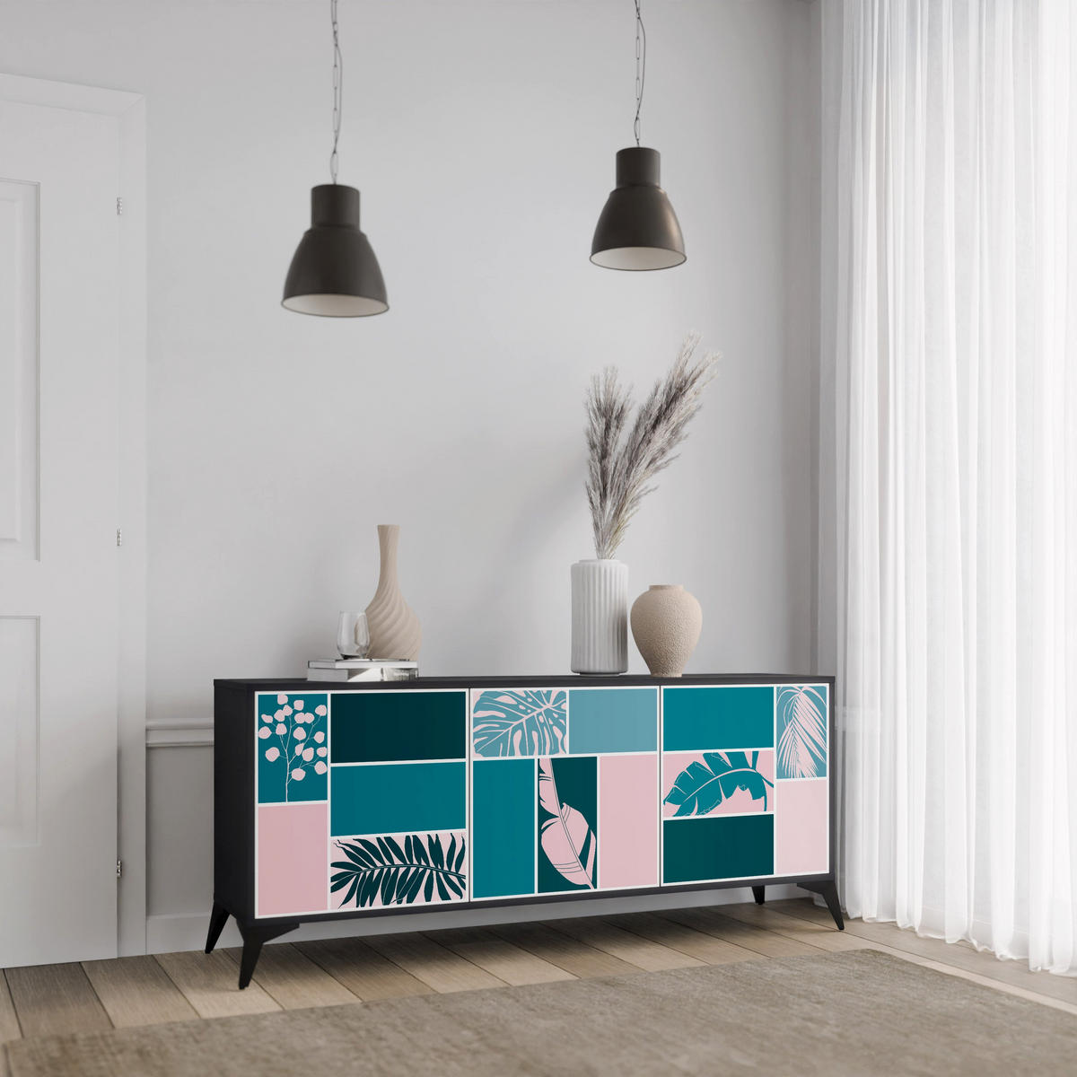 SIDEBOARD COMBINATION OF SHAPES, Graue Oberfläche, 164,5x42x72,5 cm, 3 Türen - Schwarz/Grau, Holzwerkstoff/Metall (164.5/72.5/42cm) - SpaceRebels
