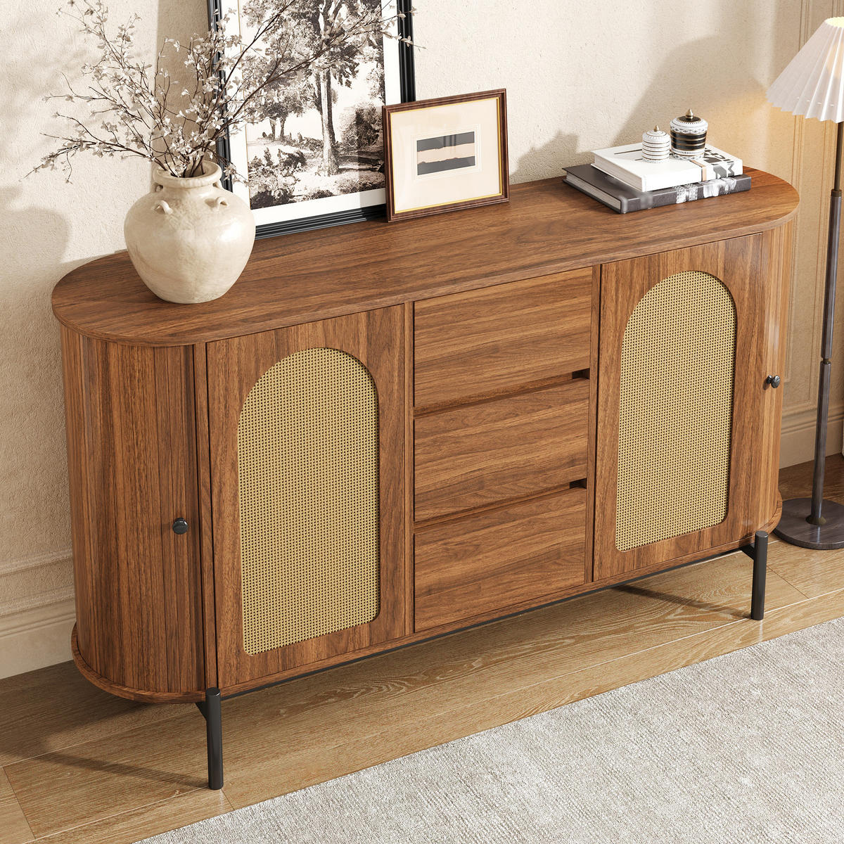 SIDEBOARD oval Rattan Holzoptik - Walnussfarben, Holzwerkstoff (140/77.5/38cm)