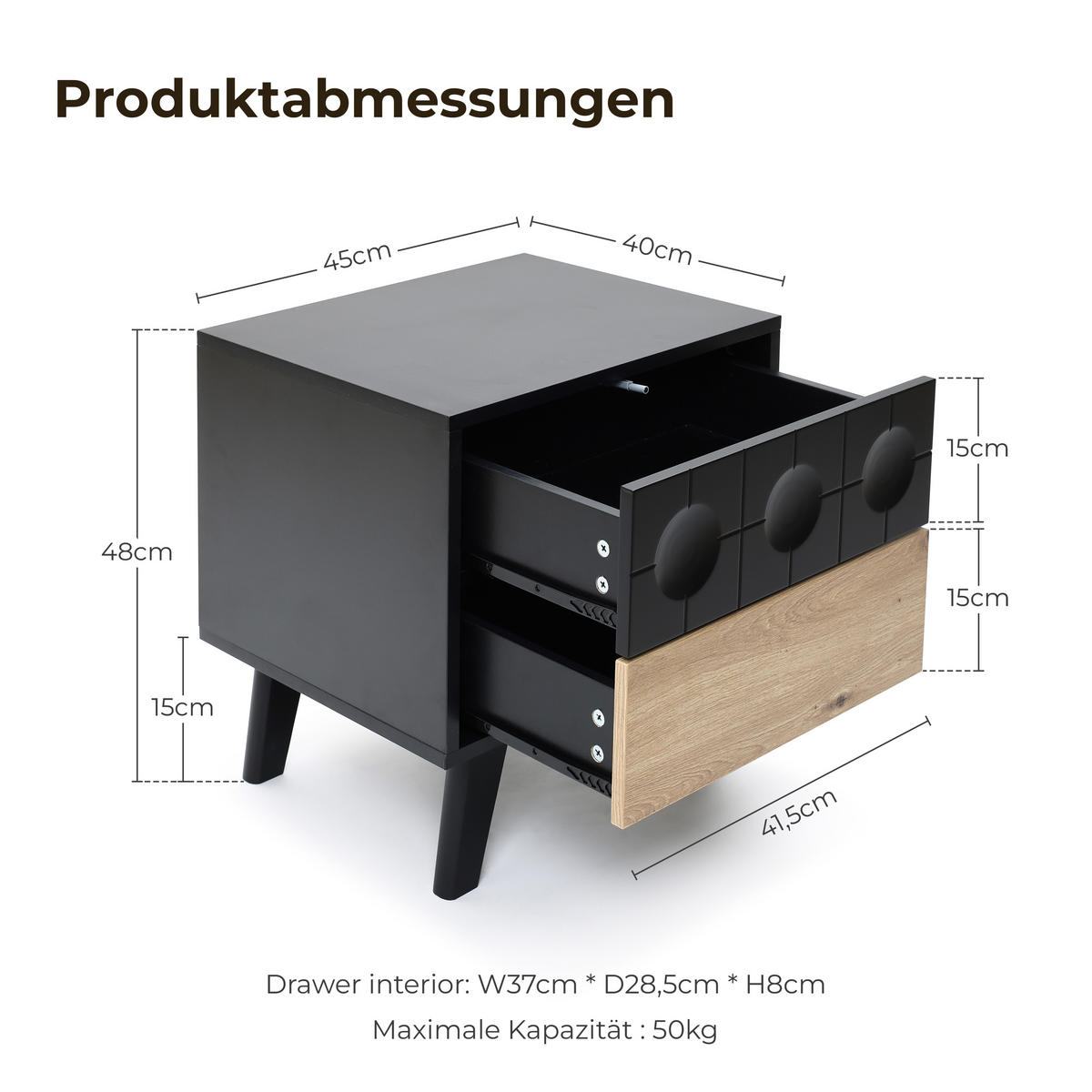 NACHTTISCH mit 2 Schubladen, Natur und Schwarz | 40T x 45B x 48H cm - Schwarz, Holz (45/48/40cm) - Hometopia