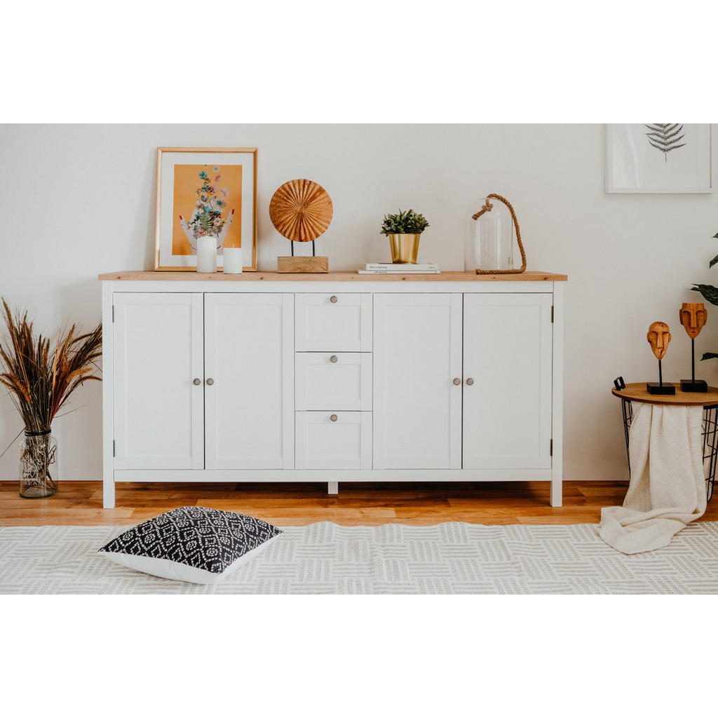 Thumbnail - Furn.Design Sideboard, Weiß, Holzwerkstoff, Nachbildung,Eiche, Uni, Holz Optik, 2 Fächer, 3 Schubladen, eckig, 180x90x40...