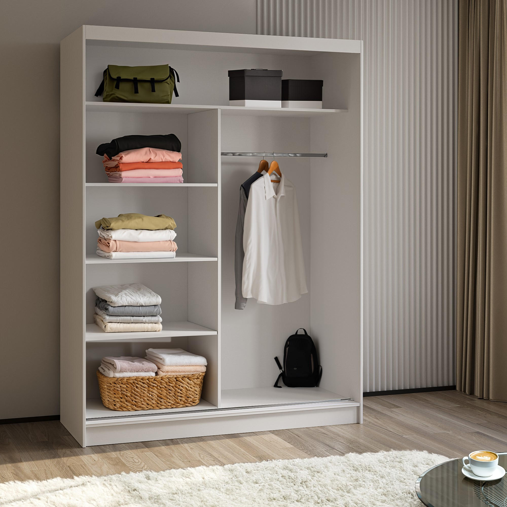 Thumbnail - Masseno Schwebetürenschrank, Schwarz, Holzwerkstoff, 4 Fächer, Rechteckig, 160x216x61 cm, Schlafzimmer, Kleiderschränke,...