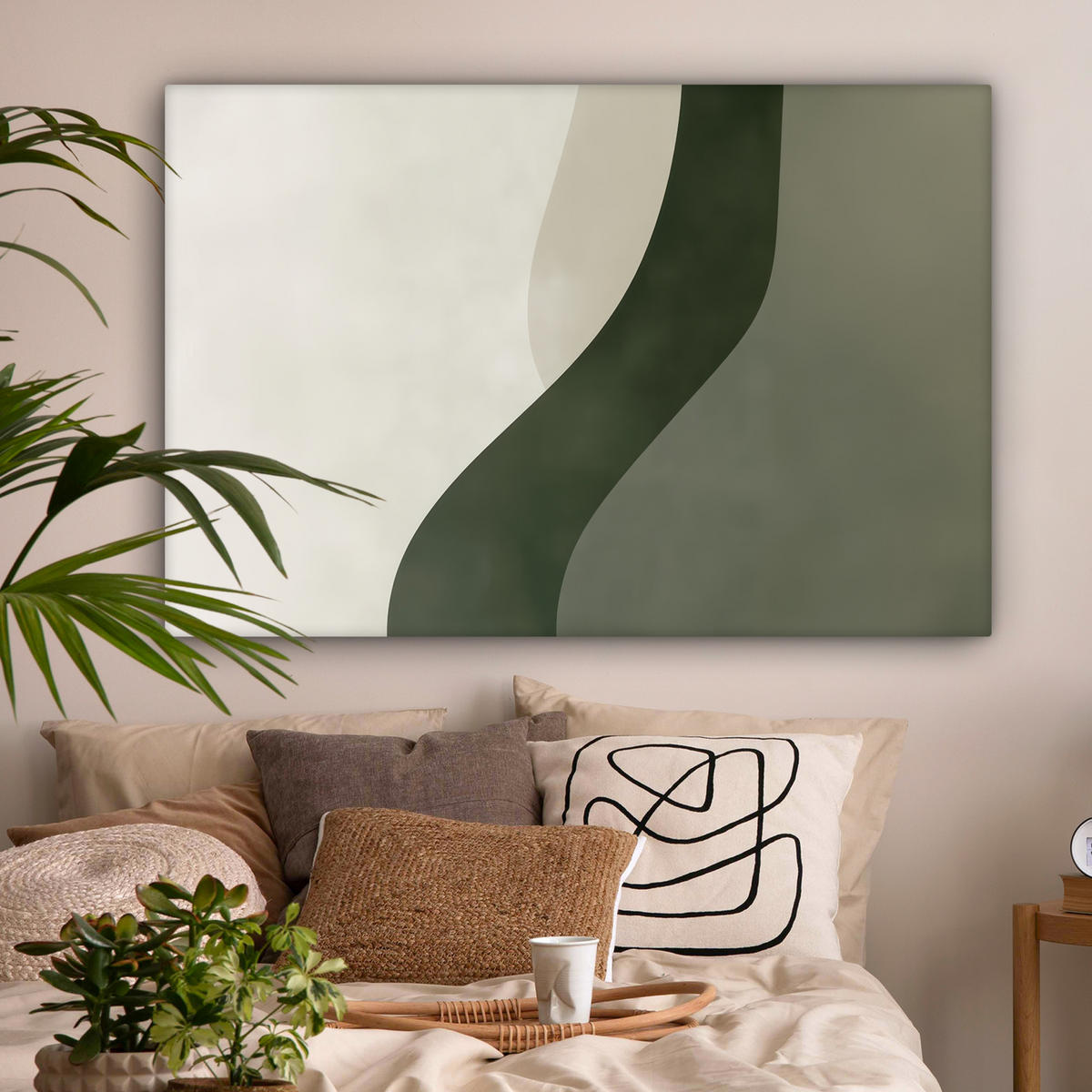 LEINWANDBILD Japandi - Grün - Abstrakt - Modern XXL 150x100 cm - Salbeigrün, Textil (150/100cm) - MuchoWow