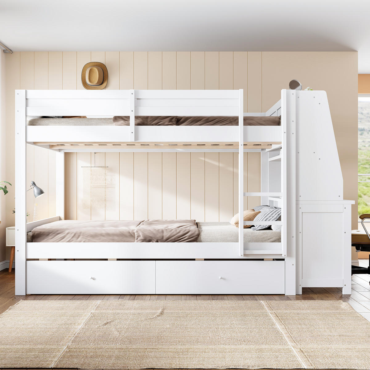 ETAGENBETT 140 x 200 cm mit Schrank und Schreibtisch, Weiß - Weiß, Holz (140/200cm) - FLIEKS