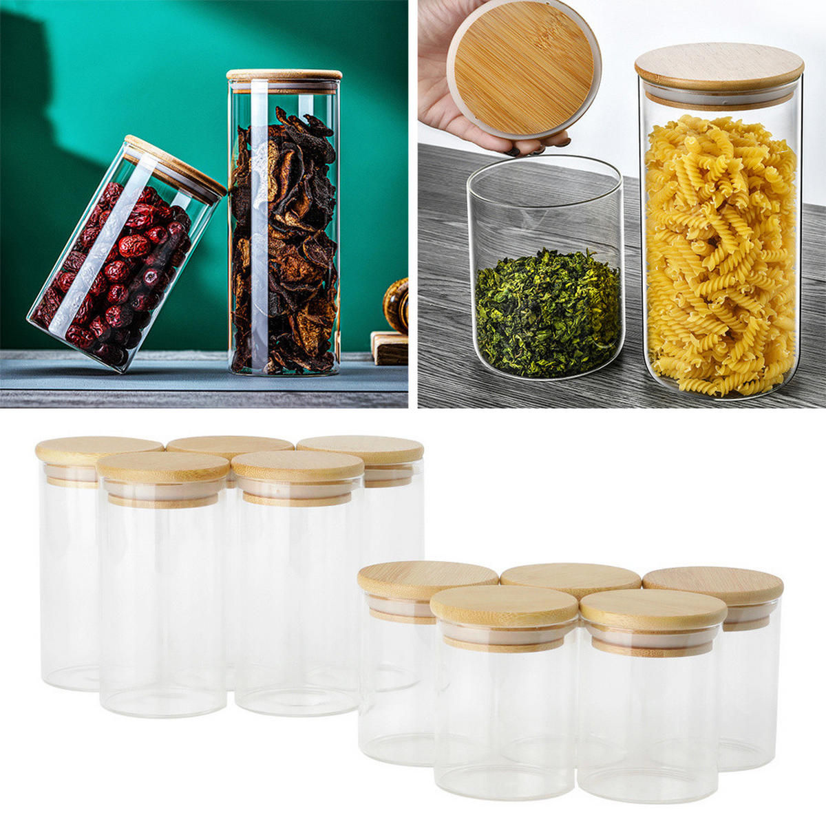 VORRATSGLAS-SET 10er-Set mit Bambusdeckeln – luftdicht beschriftbar und spülmaschinengeeignet Dose mit Deckel - Transparent/Weiß, Glas/Holz (6.5/12/6.5cm) - Livingandhome