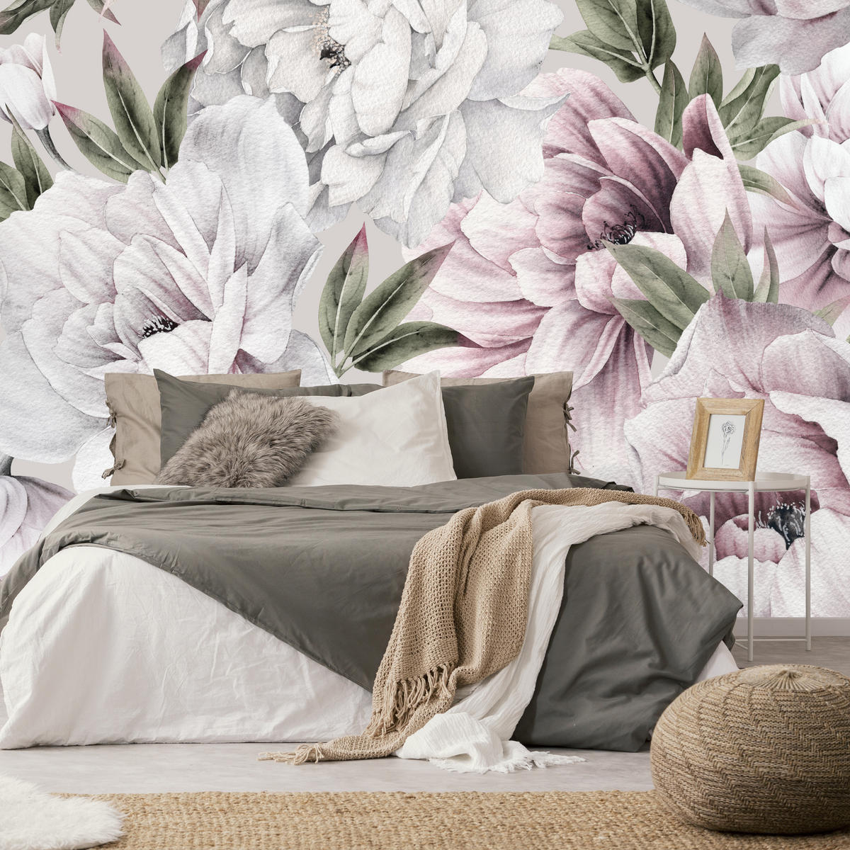 FOTOTAPETE für Schlafzimmer Pastell Pfingstrosen Boho Pflanzen 400x280 - Violett/Rosa, Papier (400/280cm) - Muralo