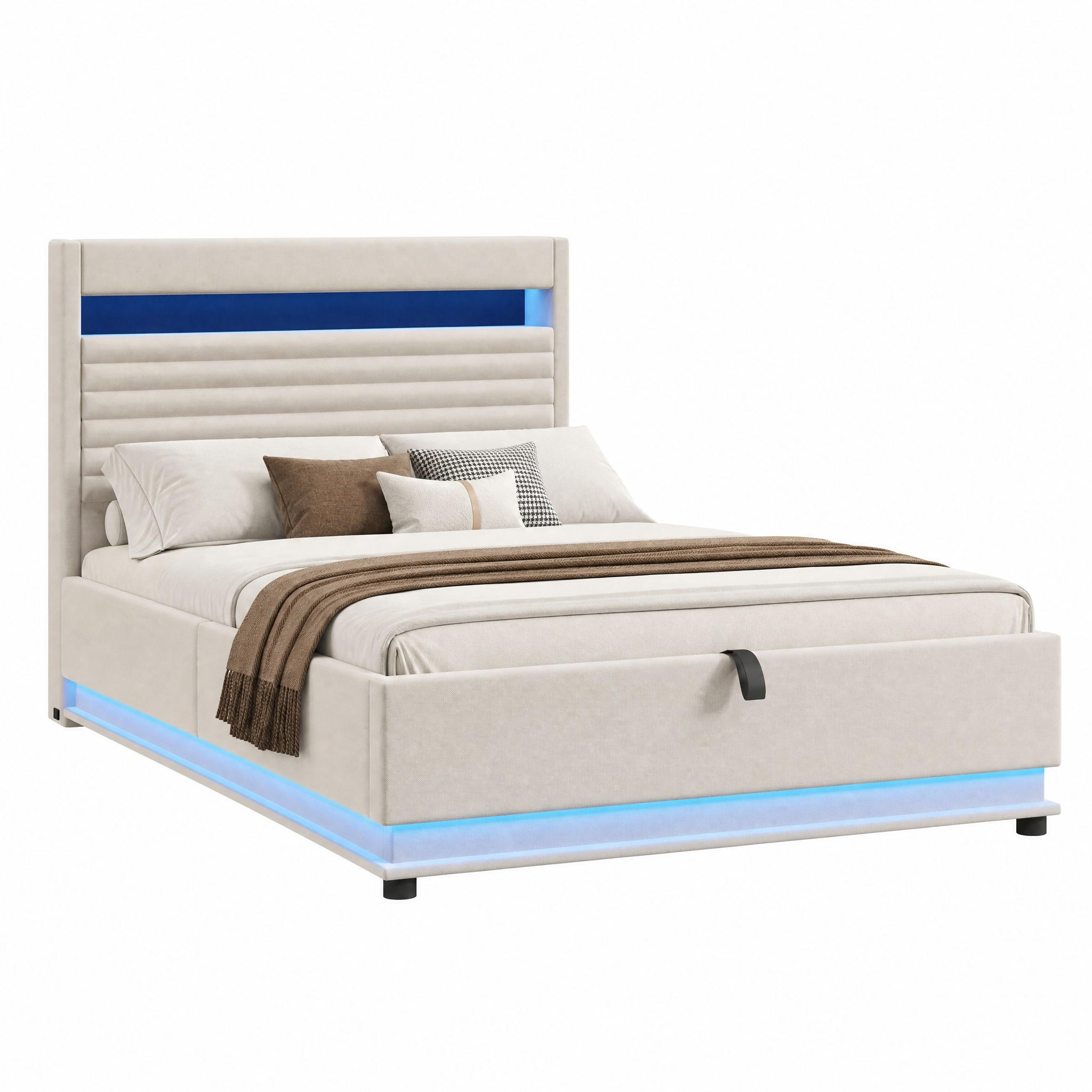 POLSTERBETT mit Stauraum 140x200 cm Leinen Beige mit LED und USB - Beige, Metall (140/200cm) - Meubliv