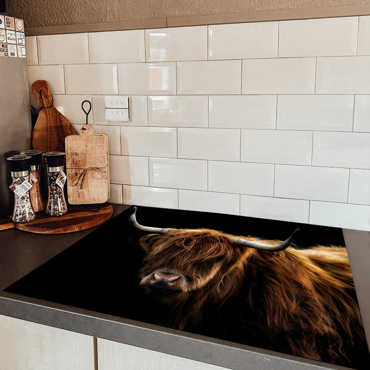 HERDABDECKPLATTE Schottischer Highlander - Hörner - Schwarz - Tiere - Natur - Wild - Kuh 77x59 cm - Cognac, Kunststoff (77/59/0.2cm) - MuchoWow