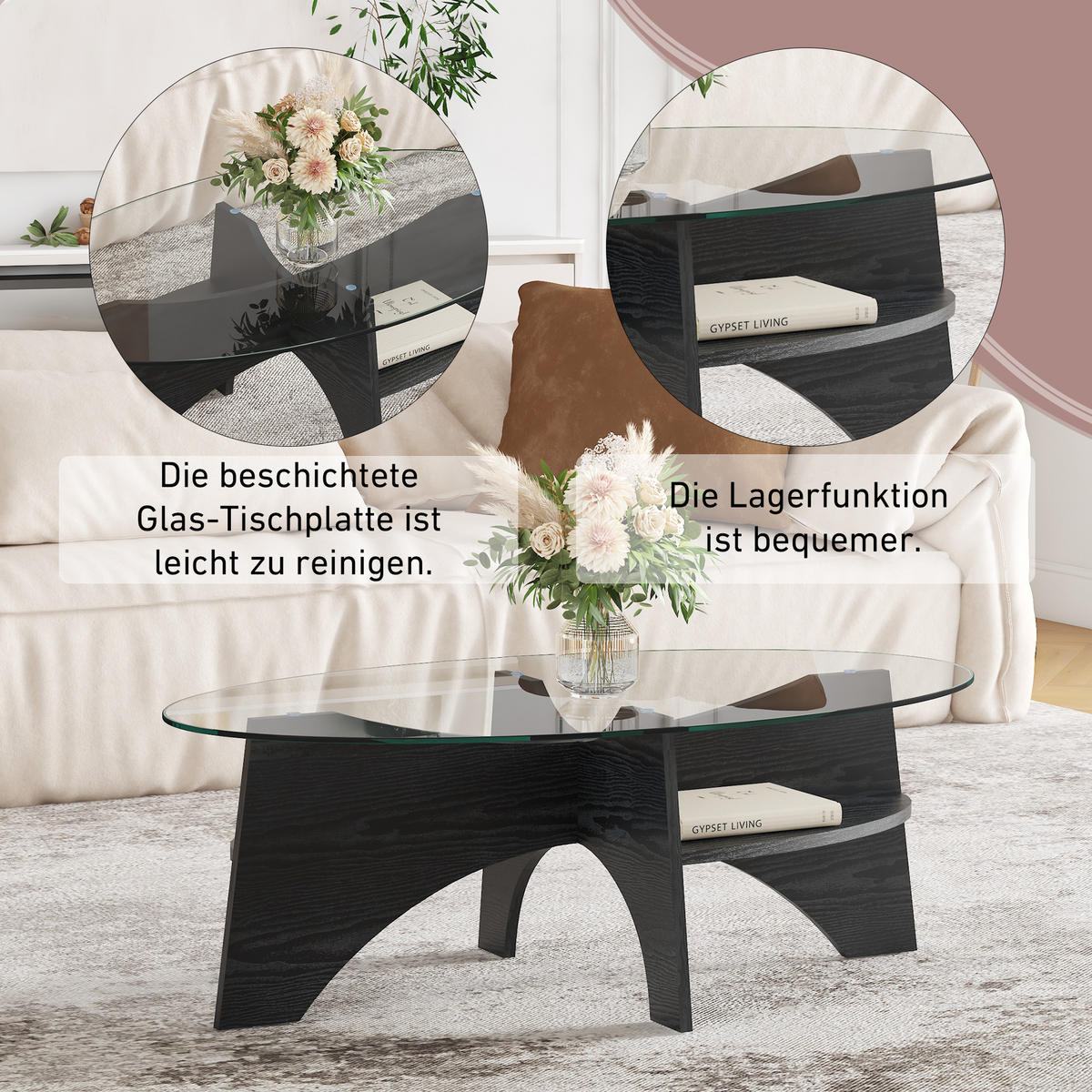 COUCHTISCH 104,9/60/35,6 cm Schwarz Transparent aus MDF und Sicherheitsglas - Schwarz, Holzwerkstoff (104.9/60/35.6cm) - OKWISH