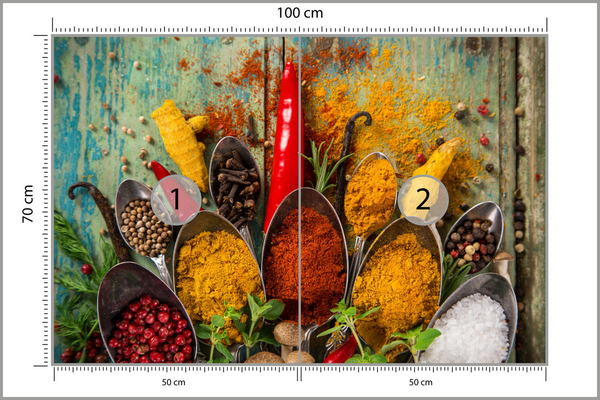 FOTOTAPETE für Küche Gewürze Holz Rustikal Paprika Ingwer 100x70 - Türkis/Blau, Papier (100/70cm) - Muralo