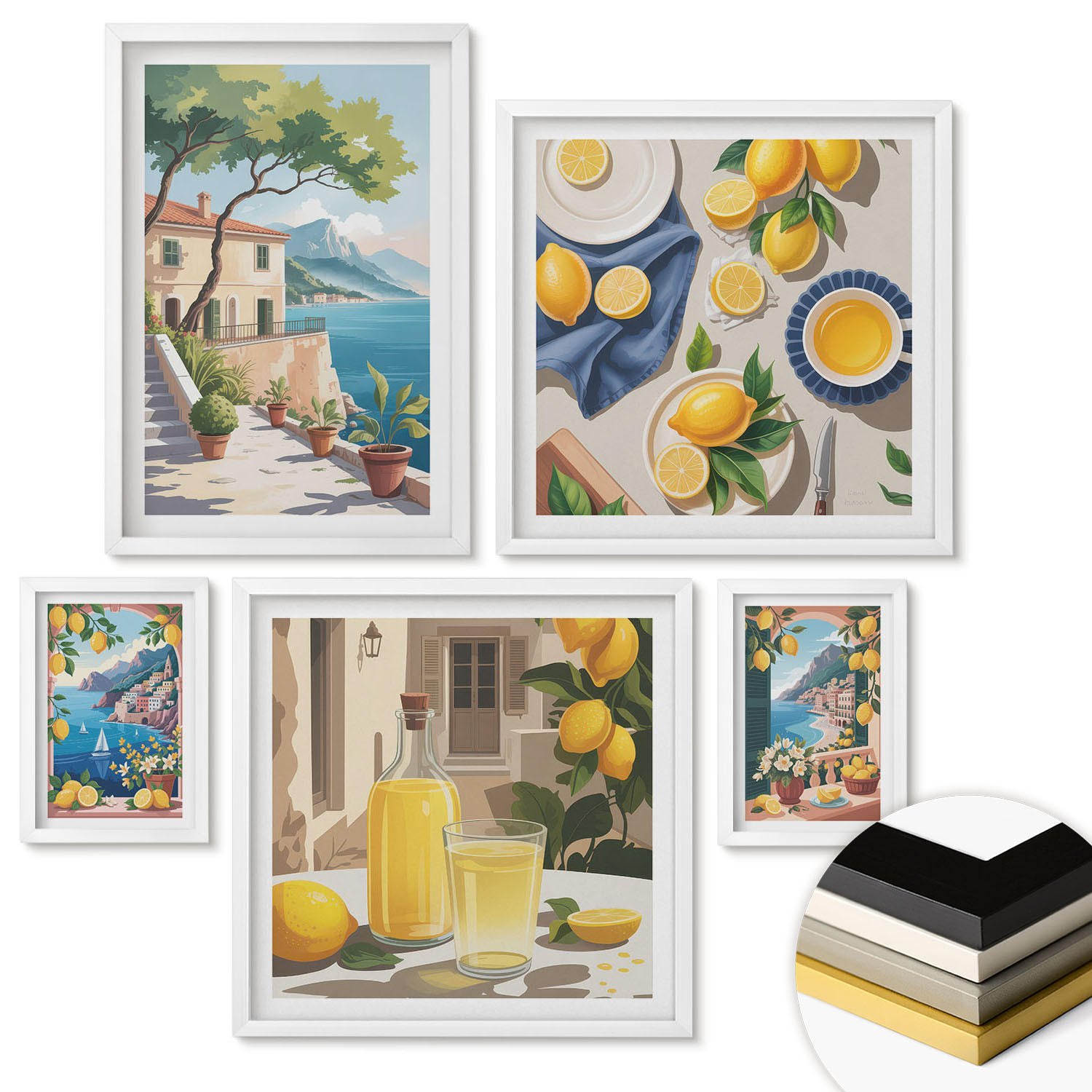 WANDBILDER 5er-Set - 50x50 cm & 20x30 cm & 40x60 cm Weißer Rahmen - Olivenblüten in Vasen Natur - Weiß, Kunststoff (40/60cm) - ArtPrintCave