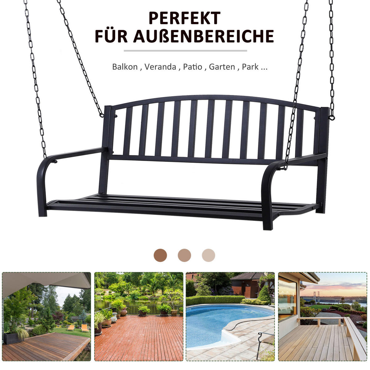 HOLLYWOODSCHAUKEL 127/60 cm mit 2 Metallketten und breiter Sitzfläche, Schwarz - Schwarz, Metall (60/53/127cm) - Redom