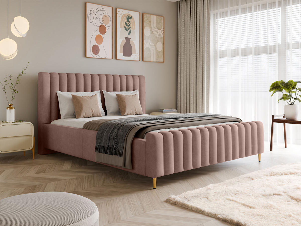 POLSTERBETT Lux Puderrosa 180x200 cm mit Stauraum, Kopfteil, Lattenrost, Goldenen Füßen, Stoff Amon - Goldfarben/Rosa, Holzwerkstoff/Kunststoff (180/200cm)