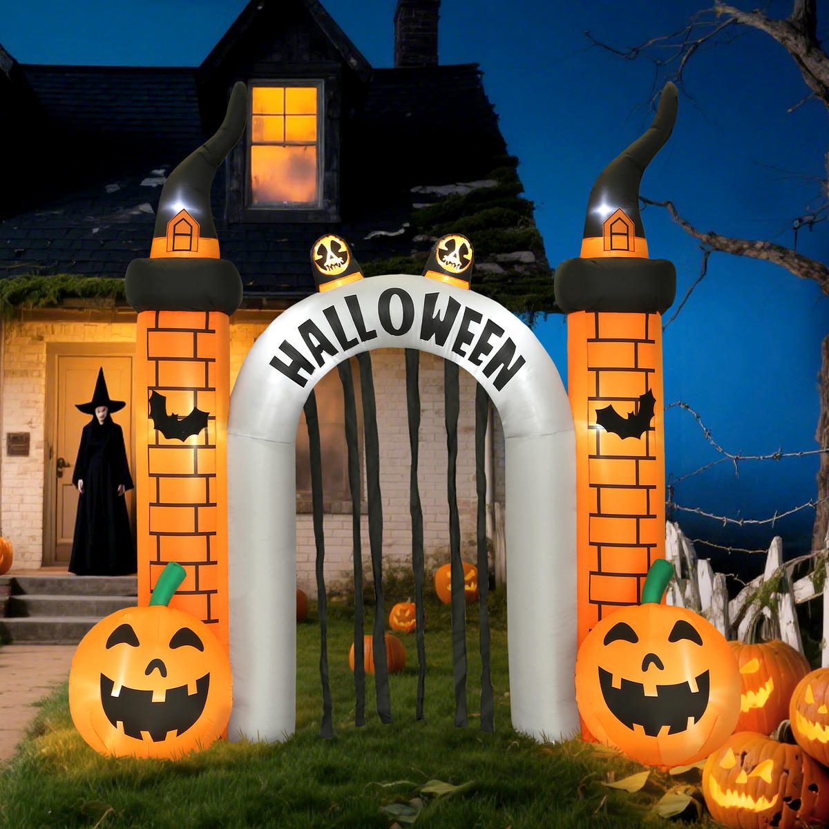 AUFBLASBARER Halloween Torbogen 3 m mit LED Geisterkürbis Gebläse für Hof Rasen - Orange, Textil (105/322/325cm) - Outsunny
