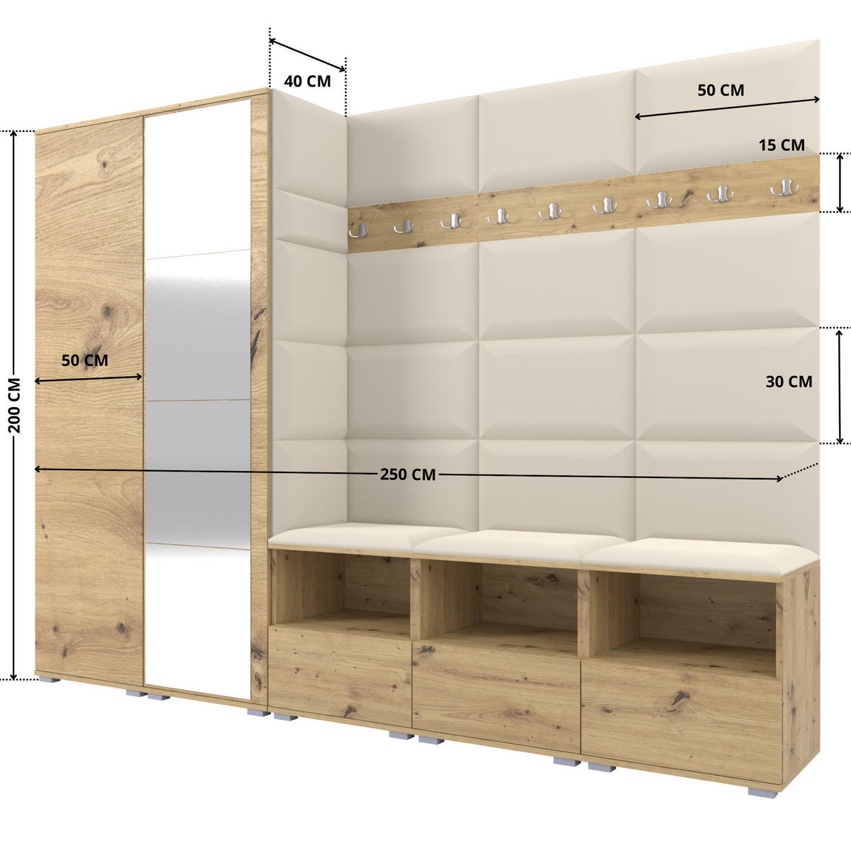 GARDEROBE NELA VII 250 cm (Modulare Flurmöbel XL Artisan Eiche mit Spiegel & Sitzpolster Creme 01 Universell) - Silberfarben/Creme, Holz/Holzwerkstoff (250/187/40cm) - Ravio