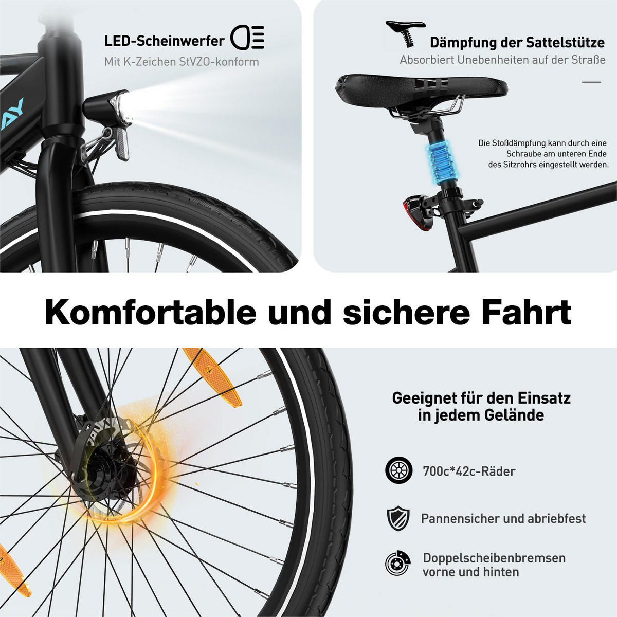 E-BIKE Mountainbike BK19 Cityrad 36V 12Ah Akku, Bis zu 80 km Reichweite - Schwarz, Metall (24cm) - HITWAY