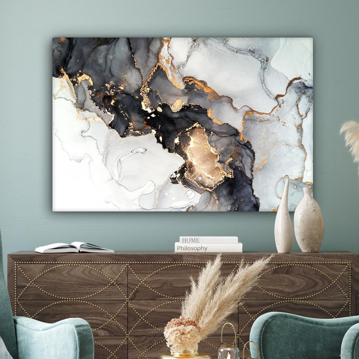 LEINWANDBILD Marmor - Schwarz - Weiß - Gold - Luxus - Abstrakt Wohnzimmer Groß 120x80 cm - Goldfarben, Textil (120/80cm) - MuchoWow