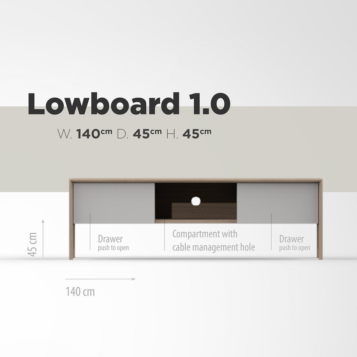 TV-LOWBOARD - Eiche teilmassiv - Mushroom Creme / Eiche Hell - Eichefarben/Creme, Holz/Holzwerkstoff (140/44/45cm) - home24
