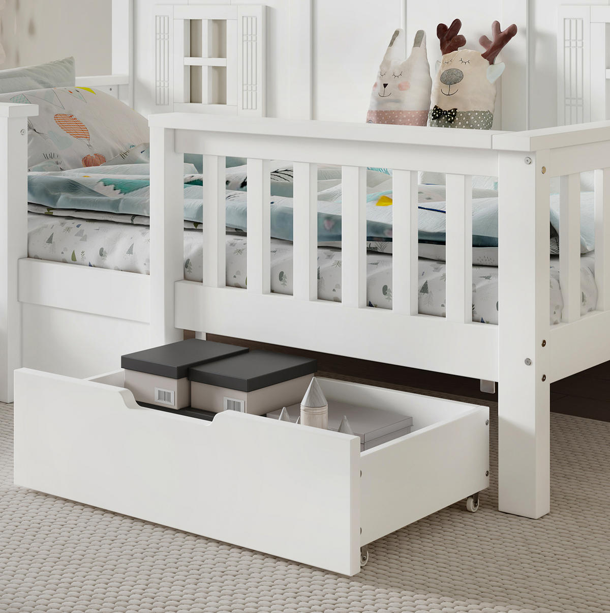 KINDERBETT 90/200 cm Weiß aus Kiefer und MDF mit Dach, Fenstern und 2 Schubladen - Weiß, Holz (90/200cm) - OKWISH