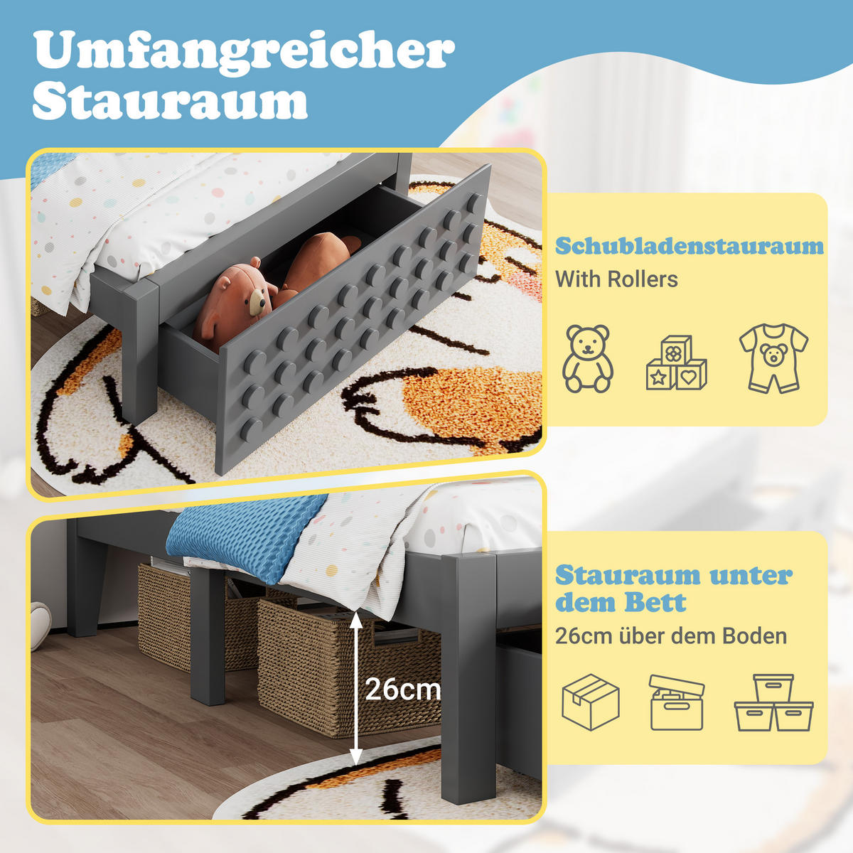 KINDERBETT 90/200 cm grau mit Kreativem Block Design und Stauraum - Grau, Holz (90/200cm) - OKWISH