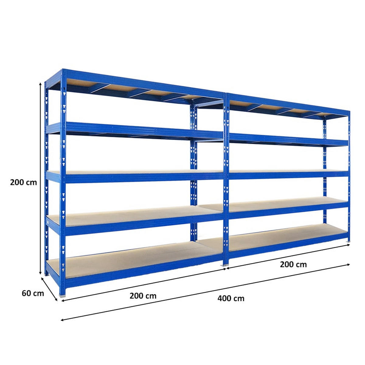SCHWERLASTREGAL Rhino 2er-Set 200x200x60 cm 5 Spanplatten-Ebenen 8mm Fachlast 500 kg Blau - Blau, Metall (400/200/60cm) - PROREGAL