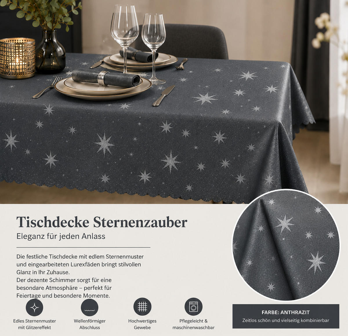 TISCHDECKE 90/90 quadratisch Lurex Sterne Grau - Grau, Textil (90/90cm) - TiborTex