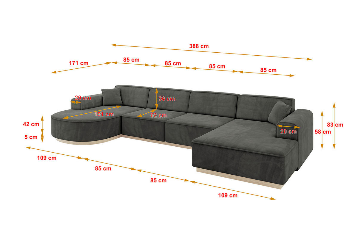 WOHNLANDSCHAFT ARRIO-U2 303x171x83 cm Anthrazit - Anthrazit, Holzwerkstoff/Textil (388/83/171cm) - ALTDECOR