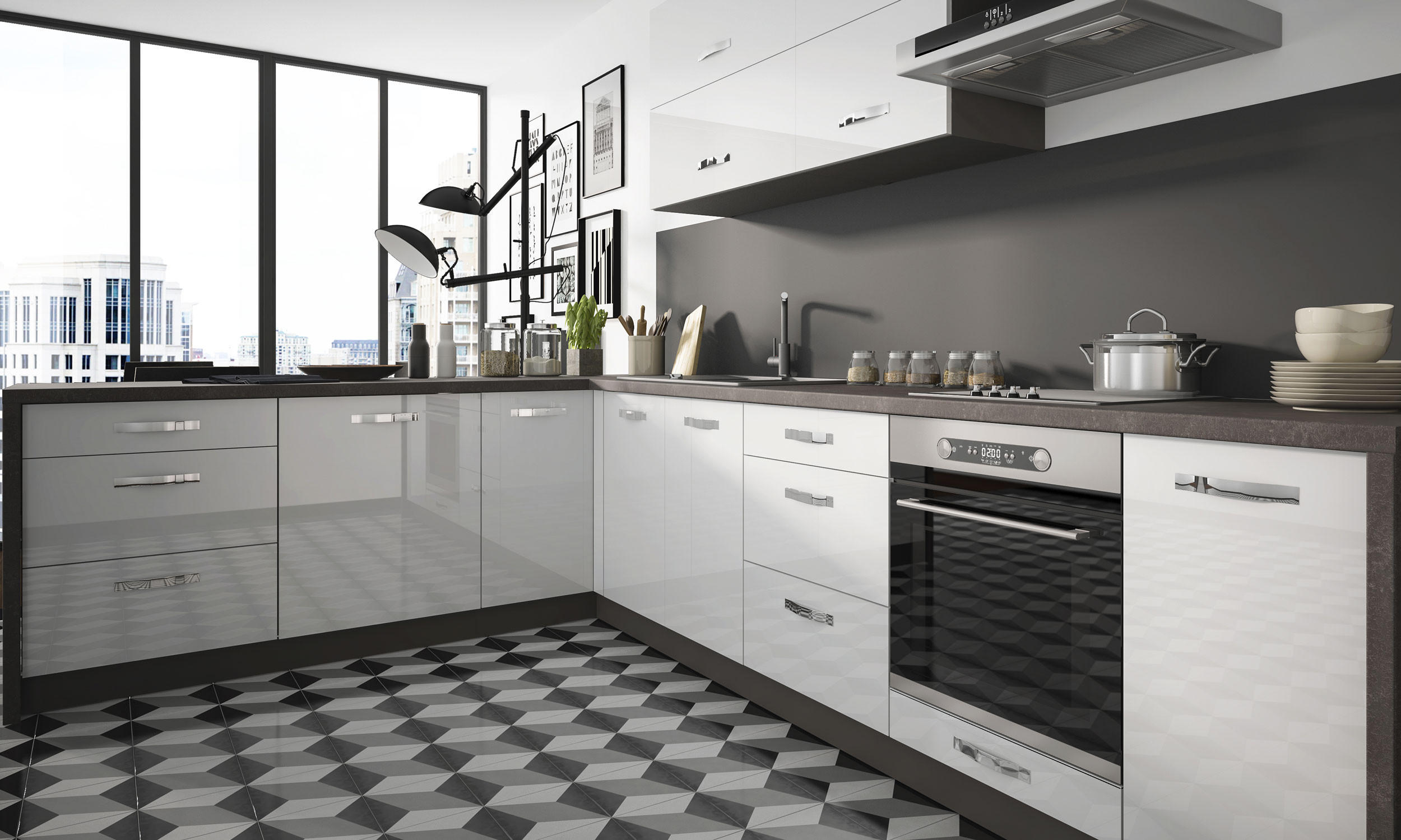 KÜCHENZEILE Essen 11-teilig Lava / Weiß Hochglanz - Dunkelgrau/Weiß, Holzwerkstoff/Metall (300/207/210cm) - Feldmann-Wohnen