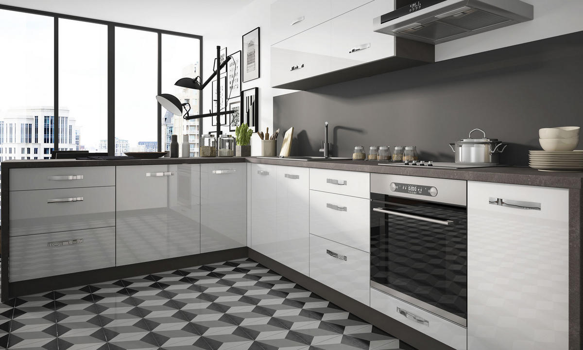 KÜCHENZEILE Essen 11-teilig Lava / Weiß Hochglanz - Dunkelgrau/Weiß, Holzwerkstoff/Metall (300/207/210cm) - Feldmann-Wohnen