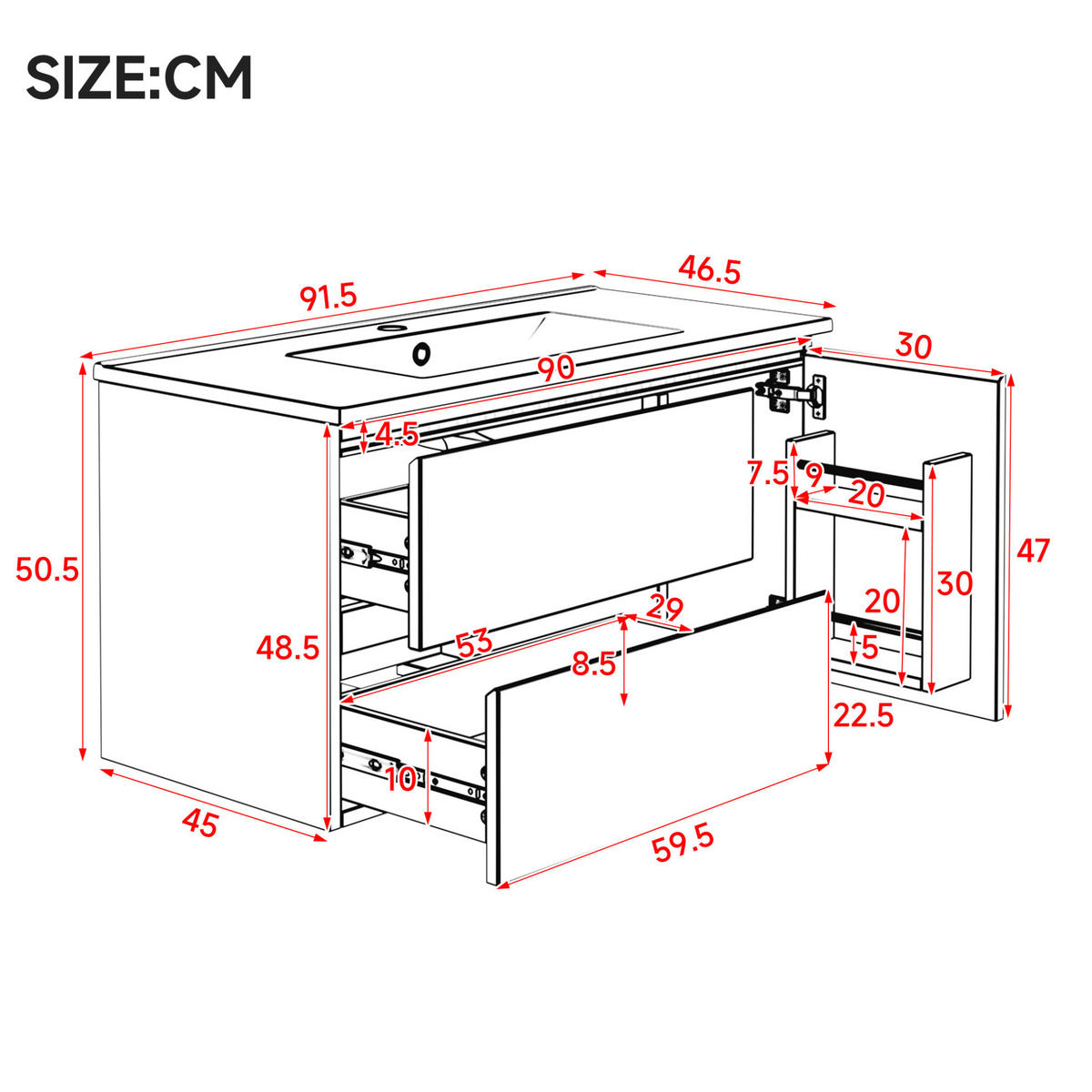 WASCHTISCHKOMBI 91,5/46,5/50,5 cm in Weiß mit LED-Sensorleuchte - Weiß, Holzwerkstoff (91/50.5/46.5cm) - BEAOK