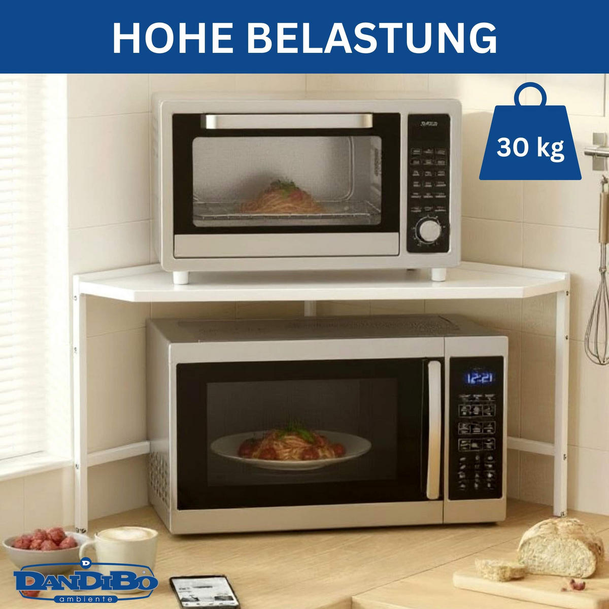 MIKROWELLENREGAL Eckregal Küche Stehend Arbeitsplatte 72x72 cm Weiß 2 Stufig 96689 - Weiß, Metall (72/46/72cm) - DanDiBo